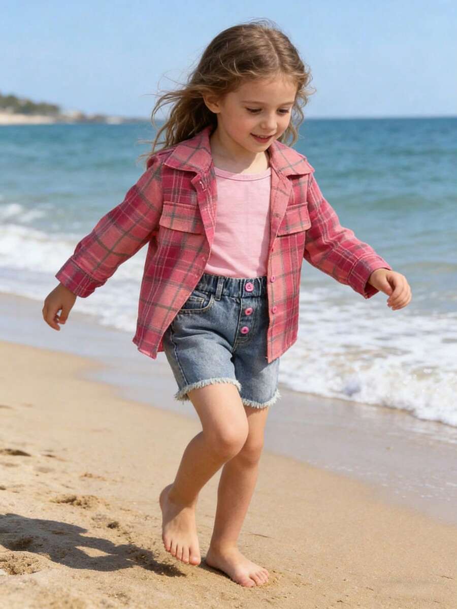 Toddler Girls' Fashion Casual Cute Set: Plaid Stylish Minimalist Shirt Jacket + Pink Camisole + Fringed Pink Button Minimalist Denim Shorts - Pink - View 1