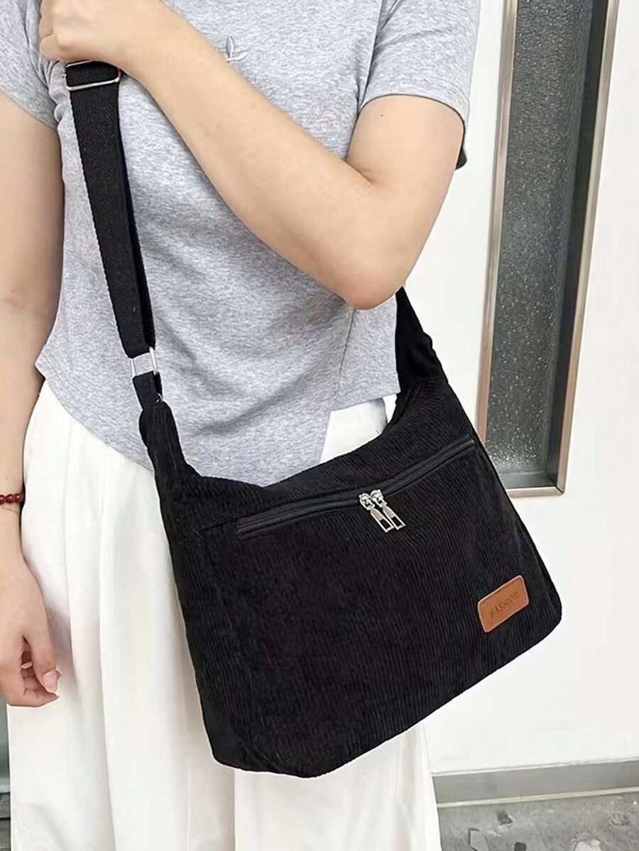College Style Women's Corduroy Shoulder Bag - Casual Sports Dumpling Shaped Crossbody Bag, Adjustable Strap, New Autumn/Winter Corduroy Bag For Students, Commute Dumpling Bag Casual Versatile Crossbody, Lightweight, Zipper Closure, Polyester Lining, Solid Color, Coated Edge Detail - Suitable For Fashionable Women's Daily Use, Travel, Shopping - Ideal Gift For Young Girls - Multicolor - View 1