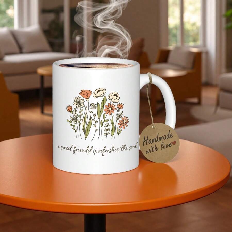 1 Elegant Christian Inspirational Coffee Mug With Floral Design - 11 Oz Insulated Ceramic Cup, "Sweet Friendship Refreshes The Soul" And Bible Verses, Non-Slip Base, Beige/Brown/White Soft Floral Pattern - Ideal Gift For Women, Moms, Sisters, Friends, Colleagues - Birthday, Christmas, Easter, Valentine's Day Gift - Hand Wash Only, Reusable Coffee, Tea, Hot Drink Cup - [白色的] - 查看 1