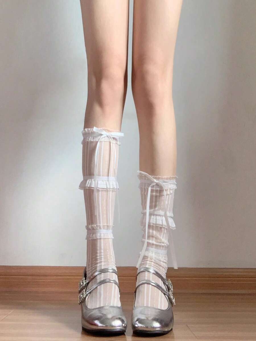 1双春夏日系蕾丝蝴蝶结洛丽塔袜，薄纱芭蕾舞袜，Y2K花卉蕾丝网眼白/黑/米色过膝袜，精致女性美感中筒袜 - 彩色 - 查看 1