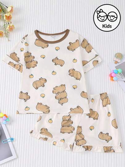 2pcs/Set Cartoon Cute Capybara Print Children's Pajamas Set, Flame Retardant Pullover Short Sleeve Top And Elastic Waist Loose Shorts Casual Outfit, Suitable For Girls Elementary Students To Wear For Holiday Parties And Events, Daily Children's Sleepwear Gift Set