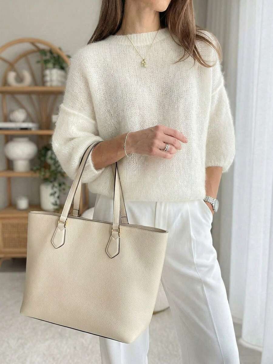 Old Money Style ,Retro, Dignified, Simple And Elegant All-White Crewneck 7-Quarter Sleeve Mohair Sweater For Women's Outerwear In Autumn - Beige - View 1