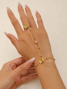 1pc Stainless Steel Butterfly Finger Chain, Fashion Finger Accessory, Delicate Matte Butterfly Open Ring Bracelet Combo (Bead Position And Quantity Random) - Gold - View 2