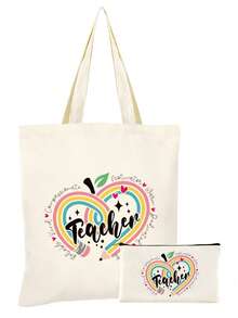 10/5/4/2pcs/1pc/Set Teacher Themed Canvas Tote Bag, Shopping Bag, Zipper Pouch, Appreciation Card, Apple Keychain Canvas Gift Set, Suitable For Back To School, Graduation, Teacher's Day, Multi-Purpose Shopping Bag, Book Bag, Stationery Pouch Set, Portable For SPA, Party, Gym, Travel, Cosmetic Organizer - Beige - View 34