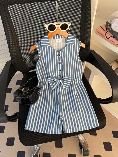 Young Girl Summer Casual Chic Striped Half-Open Camisole Jumpsuit, Fashionable Romper Suitable For Daily, Outdoor, School, Commute, And Vacation