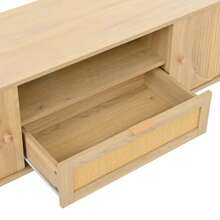 Modern TV Unit With Rattan Drawers With Open Compartments, Rounded Top, Wood Effect Metal Legs, Multifunctional Living Room Furniture.