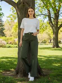 Wide Leg Jeans For Women - 墨綠色 - 查看 3