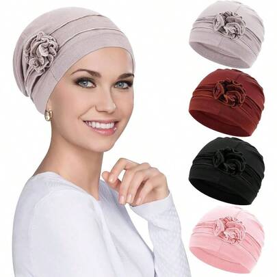 - 4 piezas para el cabello con turbantes para quimioterapia, para mujer, gorro para dormir, gorro de quimioterapia con diseo de flores 4 colores, Negro, rojo, rosa, beige, Talla nica