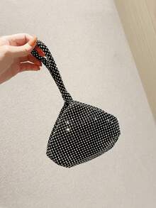 Lightweight Business Casual Rhinestone Decor Mini Drawstring Bucket Bag, Transparent Faux Pearl Evening Clutch - Black - View 3