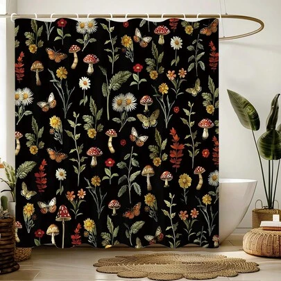 1/4pcs Printed Shower Curtain, Black Vintage Botanical Pattern Shower Curtain, Classic Floral Butterfly Mushroom Pattern, Vintage Art Bathtub Bathroom Decor, Bathroom Decor & Accessories, Room Decor