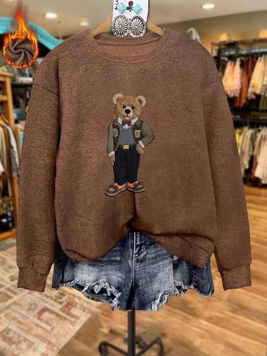 Women's New Autumn/Winter Fashion Sweater, Featuring A Vintage Gentleman Bear Design. This Loose-Fitting, Round-Neck, Long-Sleeved Sweater Is Made From Soft And Comfortable Fabric, Perfect For Casual And Everyday Wear. Part Of The New Autumn/Winter Collection.Layered Tops Suitable For New Year And Valentine's Day, Perfect As A Valentine's Day Gift. - Coffee Brown - View 1