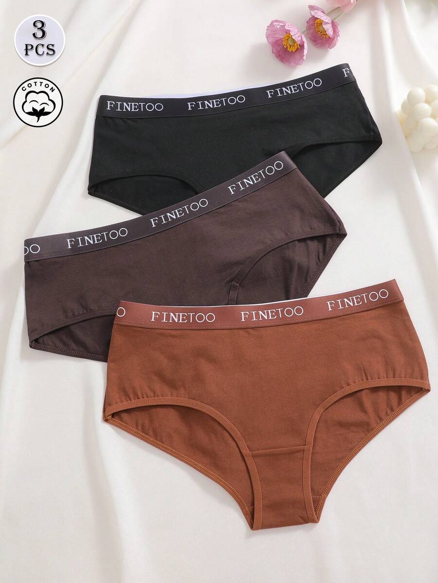 Set de 3 bragas de mujer de algodón de unicolor, cómodas y sexys con cintura alta y estampado de letras, adecuadas para el Día de San Valentín, días festivos, deportes y uso diario - Multicolor - Ver 1