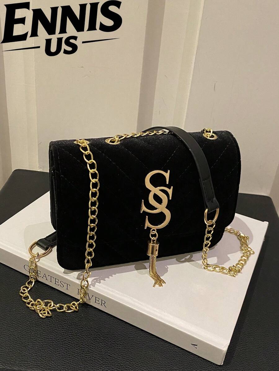 女士时尚纯色PU皮革绗缝单肩包,多功能翻盖链条斜挎包,适合派对/晚宴场合,新款休闲方形度假旅行手机零钱包,适合上班族女性和学生日常通勤 - 黑色 - 查看 1