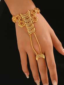 1 pièce Bracelet anneau de phalange en métal vintage avec lune et fleur, convient pour les tenues de mariage, de fête et de vacances - Or jaune - Voir 1