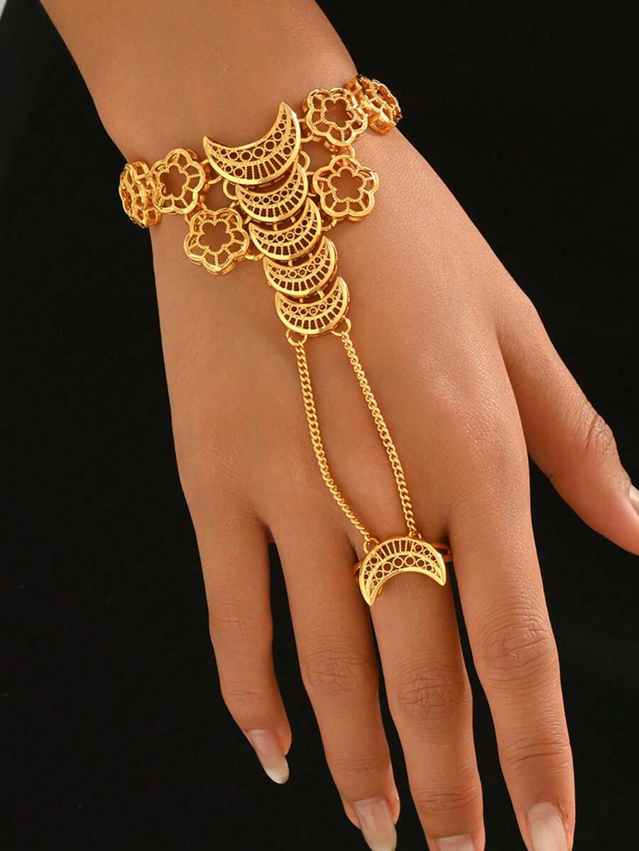 1 pièce Bracelet anneau de phalange en métal vintage avec lune et fleur, convient pour les tenues de mariage, de fête et de vacances - Or jaune - Voir 1
