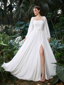 Faeriesty 优雅白色方领雪纺连衣裙，灯笼袖设计，腰部系带高开衩，适合派对、晚宴、鸡尾酒会、婚礼宾客等场合。 - 白色 - 查看 1