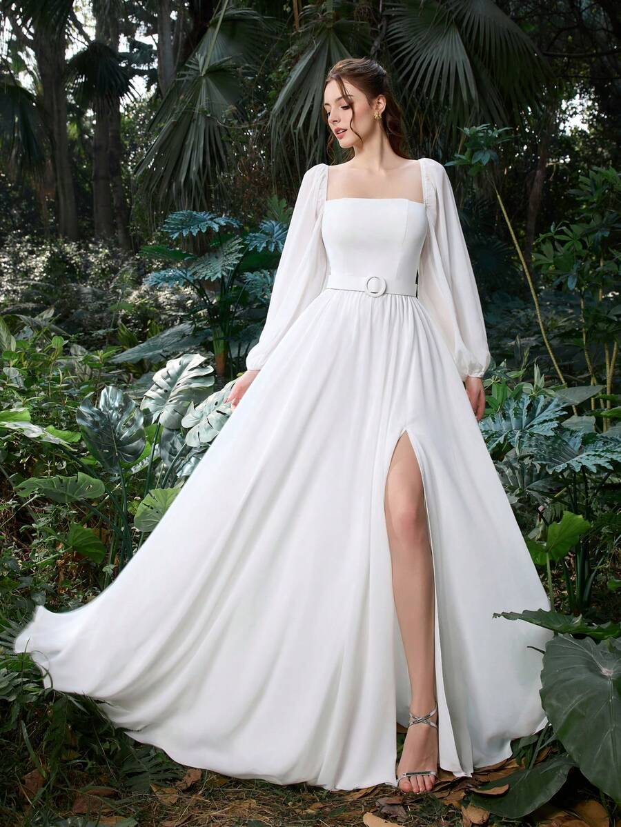 Faeriesty 优雅白色方领雪纺连衣裙，灯笼袖设计，腰部系带高开衩，适合派对、晚宴、鸡尾酒会、婚礼宾客等场合。 - 白色 - 查看 1