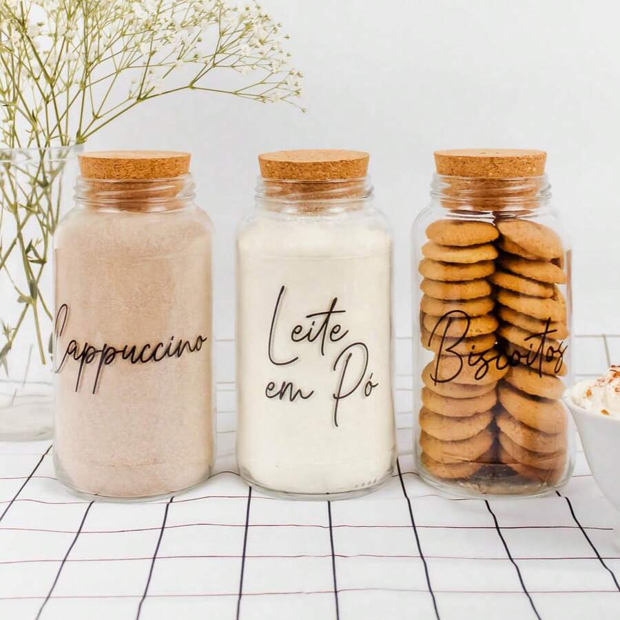 Coffee Corner Kit - 3 Glass Jars With Cork Lids + Stickers - Storage - Kitchen - 3 tarros de capuchino, leche en polvo y galletas - Ver 1
