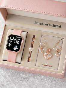 这款时尚优雅的女童LED心形电子手表首饰套装包含心形手链、项链、戒指和耳环，适合女孩、学生佩戴，也适合日常上学、聚会、旅行等场合，是送给朋友、生日、圣诞节和其他节日的完美礼物。 - 粉色 - 查看 12