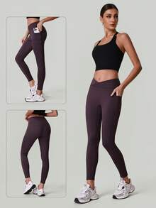 女士交叉腰带口袋瑜伽裤，收腹运动跑步瑜伽紧身裤 - 紫色 - 查看 3