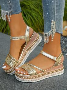 A Pair Of Woven Women's Wedge Heel Thick-Soled Sandals With Rivet Decoration, Fashionable Thick-Soled Golden Wedge Heel High Heels, Resort Style, Suitable For Daily Wear In Summer, Golden Sandals For Women - 金色 - 查看 5