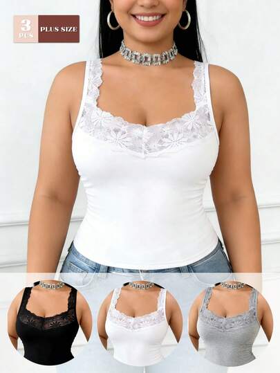 3件套加大码纯色休闲性感百搭吊带背心，蕾丝拼接，女士春夏针织吊带背心，适合打造时尚夏日造型