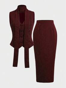Elegant Minimalist Holiday Party Commute Daily Business Vest Suit Co-Ord Sets For Women, Autumn Vest Suit Waist Cinched Fitted Suit Skirt Women's Set Summer - Burgundy - View 7