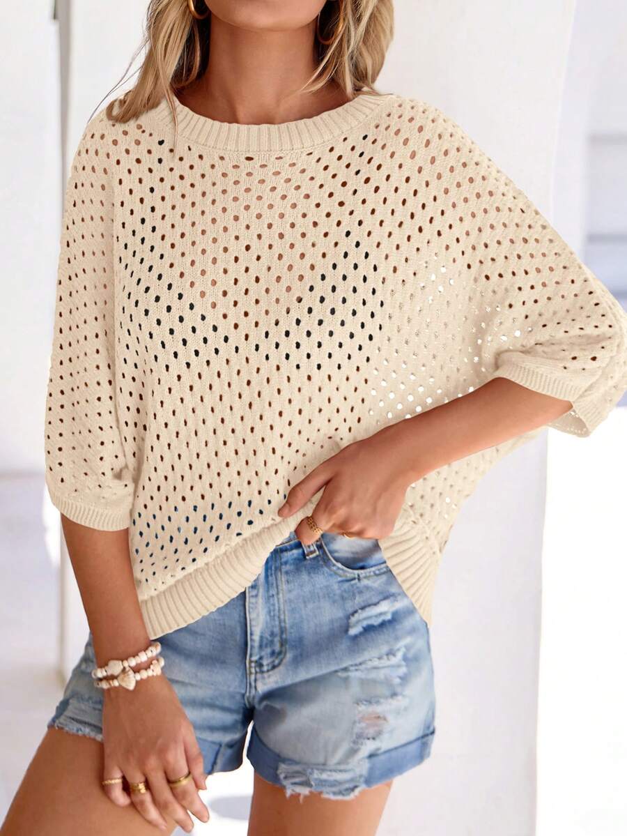 Women's Summer Crochet Top - Hollow-Out Batwing Sleeve Cover-Up, Cute Pullover Knitwear, Beach Vacation Outfit - 米色 - 查看 1