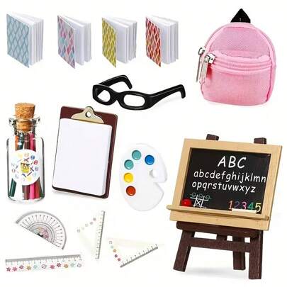 14pcs Mini School Set - 1:12 Doll Creative Toy School Supplies, Including Mini Backpack, Glasses, Mini Blackboard, Mini Books, White Board Clip And Pencil, Mini Learning Supplies, Creative Micro Stationery, Office And School Supplies, School Supplies, Stationery, Desktop Decor, Student Gift, Back To School Gift, Birthday Gift, Micro Landscape Decor, Home Decor, School Decor, Back To School Package, Graduation Gift, Personalized Gift