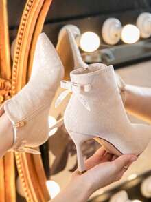 Botines de tacón alto botines de punta botines de mujer botines con lazo botines elegantes botines de moda botines versátiles - Beis - Ver 2