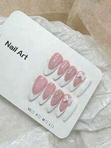 10pcs Handmade Press-On Nails, White French Manicure Butterfly Almond Shaped Nails, Soft & Cute, Suitable For Women & Girls, Spring/Summer/Autumn/Winter, Holidays & Daily Wear - Baby Pink - View 3