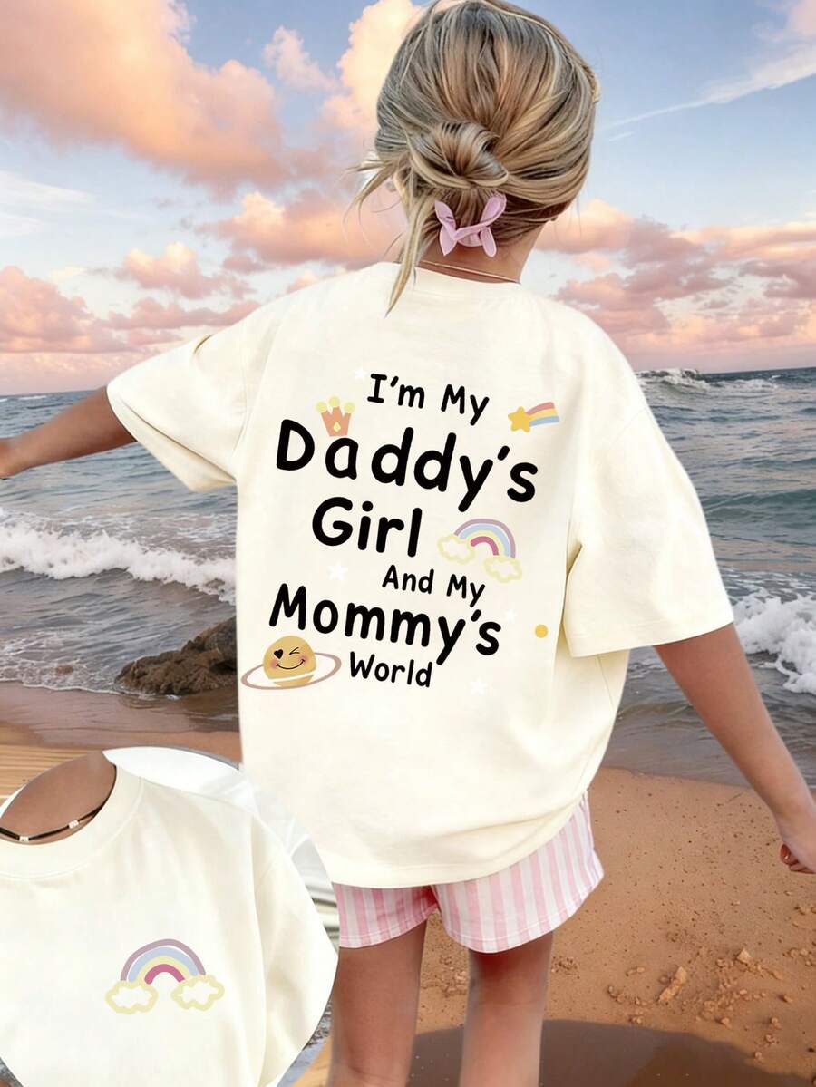 Tween flickors avslappnad t-shirt med grafiskt tryck och rund hals, kortärmad, sommartopp - Aprikos - Visa 1