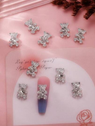 10pcs Heart Shaped Rhinestone Bear Nail Art Stickers, Cute Bear Nail Jewelry, Nail Gems, DIY Nail Art Supplies, Women/Girls Metal Nail Accessories