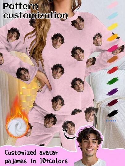 Customized Women's Fleece Pajama Set, Can Print Any Pattern, Personalized Pajamas With Photos, Funny Customized Images, Comfortable Sleepwear. Suitable For Holiday Gifts, Birthdays, Presents, Personalized, Colorful, Cute, Witty, Unique, Exclusive Gift, Ideal Boyfriend/Girlfriend Gift, Suitable For Boyfriend, Girlfriend, Family, Friends, Elders, Fashionable For Autumn, Holiday Parties, Thick Flannel Loungewear