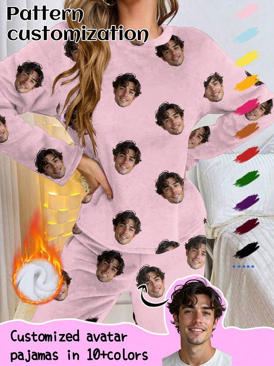 Customized Women's Fleece Pajama Set, Can Print Any Pattern, Personalized Pajamas With Photos, Funny Customized Images, Comfortable Sleepwear. Suitable For Holiday Gifts, Birthdays, Presents, Personalized, Colorful, Cute, Witty, Unique, Exclusive Gift, Ideal Boyfriend/Girlfriend Gift, Suitable For Boyfriend, Girlfriend, Family, Friends, Elders, Fashionable For Autumn, Holiday Parties, Thick Flannel Loungewear