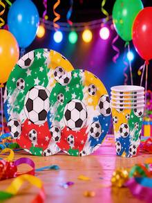 10件套足球主题派对用品，包括纸盘、餐巾纸、纸杯、派对小礼物、餐盘和甜点盘，适合男孩足球主题生日派对装饰。 - 彩色 - 查看 4