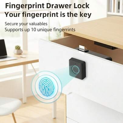 指纹抽屉锁 - 无钥匙解锁，设计小巧时尚，安装简便，适用于家用橱柜、鞋柜、文件柜和木制抽屉，电池供电（不含3节AAA电池）