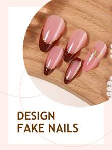 24pcs French Tip Red Acrylic Press On Nails Medium Almond Press On Nails Golden Glitter Decoration Bows Design Minimalist Y2K Fashion Style Surface Glossy Full Cover Fake Nails For Women And Girls Daily Wear In Valentine's Day - Multicolor - View 3