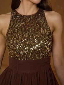 Mgiacy New Arrival Round Neck Halter Fancy Evening Gown Dress Sequin Ruched High Slit Chiffon Long Dress - Brown - View 7