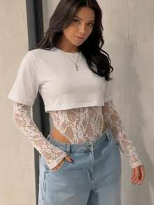 Blusa corta de mujer de encaje transparente y manga corta, body sexy de unicolor con parches de encaje transparente para uso diario, citas, fiestas de solteros, escenario y conciertos, primavera/verano, elegante en blanco - Blanco - Ver 5
