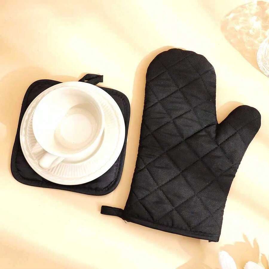 一套加厚耐热厨房烤箱手套 - 防滑手柄，可机洗，编织涤纶手套，适用于烹饪和烘焙 - 防滑手套 - 黑色 - 查看 1