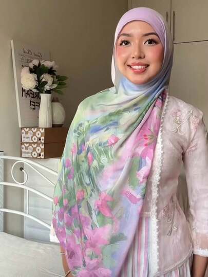 1pc Women's Wide-Edged Floral Print Scarf, Hijab, Headscarf, Watercolor Painting Pattern Lightweight Breathable Shawl For Sun Protection, Elegant Versatile Daily Accessory, Suitable For All Seasons
