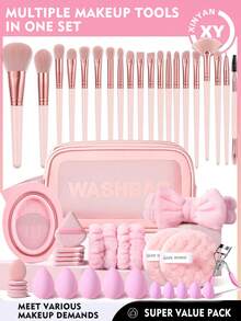 48PCS Makeup Tools Set Including:20PCS Makeup Brush Set+1pc Multi-Functional Zipper Toiletry And Cosmetic Bag Waterproof+5PCS Makeup Sponges+5PCS Mini Makeup Sponges+5PCS Triangle Powder Puffs+5PCS Mini Air Cushion Powder Puffs+1pc Hairband+2PCS Hand Bowl Strap+1pc Makeup Brush Cleaning Tools+2PCS Facial Cleansing Sponges+1pc Eyelash Curler - Pink - View 13