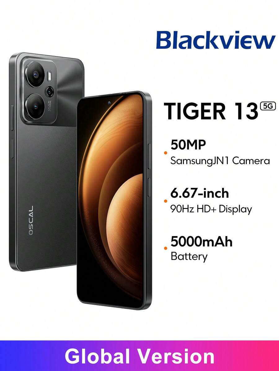 Blackview Oscal Tiger 13 5G NFC 智能手机,全球版,8GB+256GB,6.67 英寸高清+ IPS 显示屏,5000 万像素三星 JN1 AI 三摄,紫光展锐 Tiger T760 (6nm) 处理器,支持最高 2TB 扩展存储,内置 Google Photos AI 编辑工具 - 黑色 - 查看 1