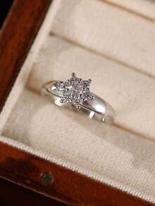 Gift Box Elegant Cubic Zirconia Ring, Women's Wedding, Engagement, Party Versatile Jewelry, Copper Material Non-Fading And Hypoallergenic, Ideal Holiday Gift - Silver - View 3