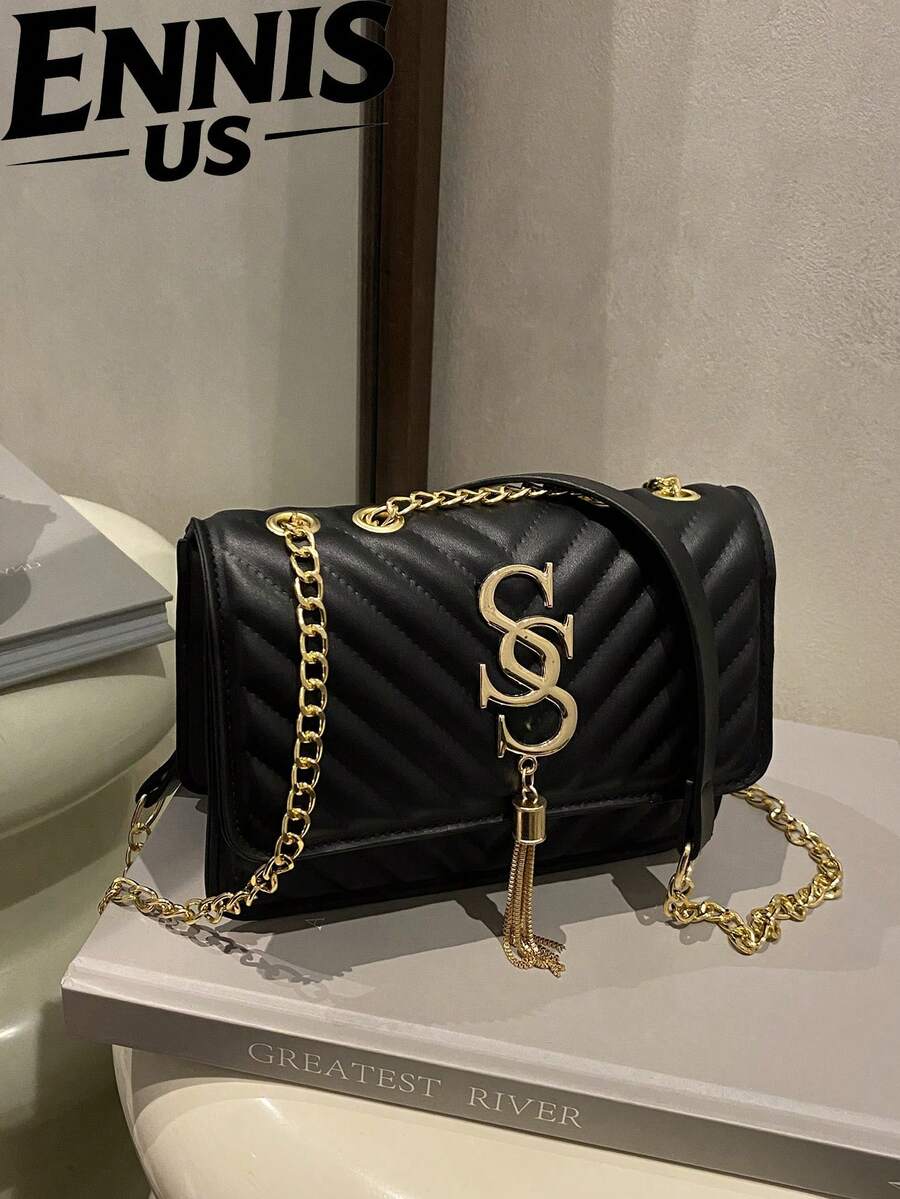 Women's Fashion Solid Color PU Leather Quilted Shoulder Bag, Multifunctional Flap Chain  For Party/Evening, - Black - View 1