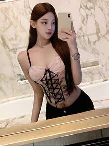 小众设计性感蕾丝吊带露脐上衣，女士休闲粉色夏季款 - 粉色 - 查看 5