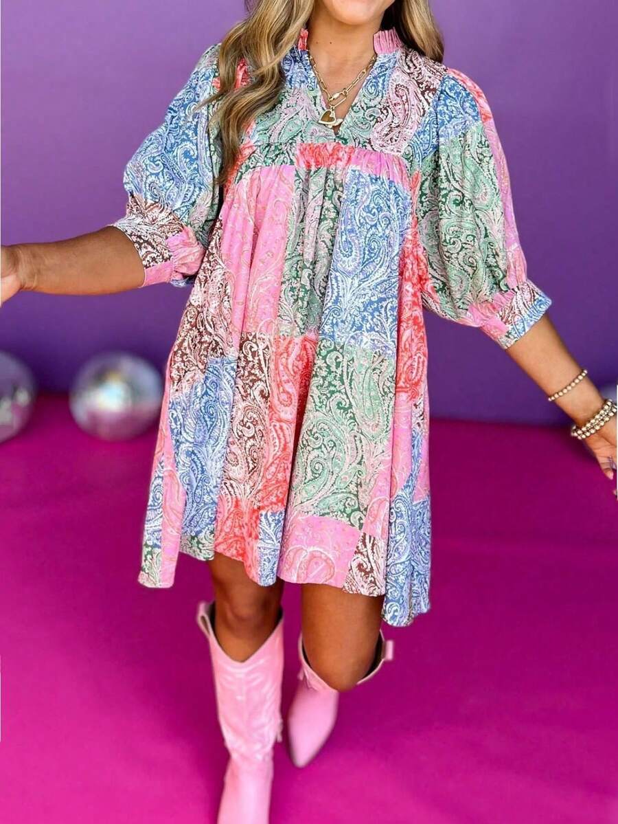 1pcs Paisley Print Half-Sleeve Spring Summer Dress, Ruffled Stand-Up Collar, Three-Quarter Sleeve Mini Dress, A Line,Suitable For Daily Party Beach Holiday Occasion, , Machine Washable,  Women's Clothing - Màu sắc - Xem 1