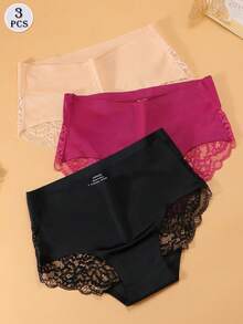 Set de 3 bragas de mujer de unicolor y sexy con aplicaciones de encaje y seda de hielo - Multicolor - Ver 3