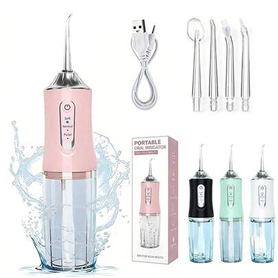 Juego de irrigador dental eléctrico, irrigador oral inalámbrico, 4 boquillas, boquilla giratoria a 360 grados, para el cuidado diario de los dientes y la limpieza de las encías de hombres y mujeres,regalo de san valentín,Tanque de agua de 220 ml,san valentín,PX7 Waterproof USB Rechargeable Water Dental Flosser